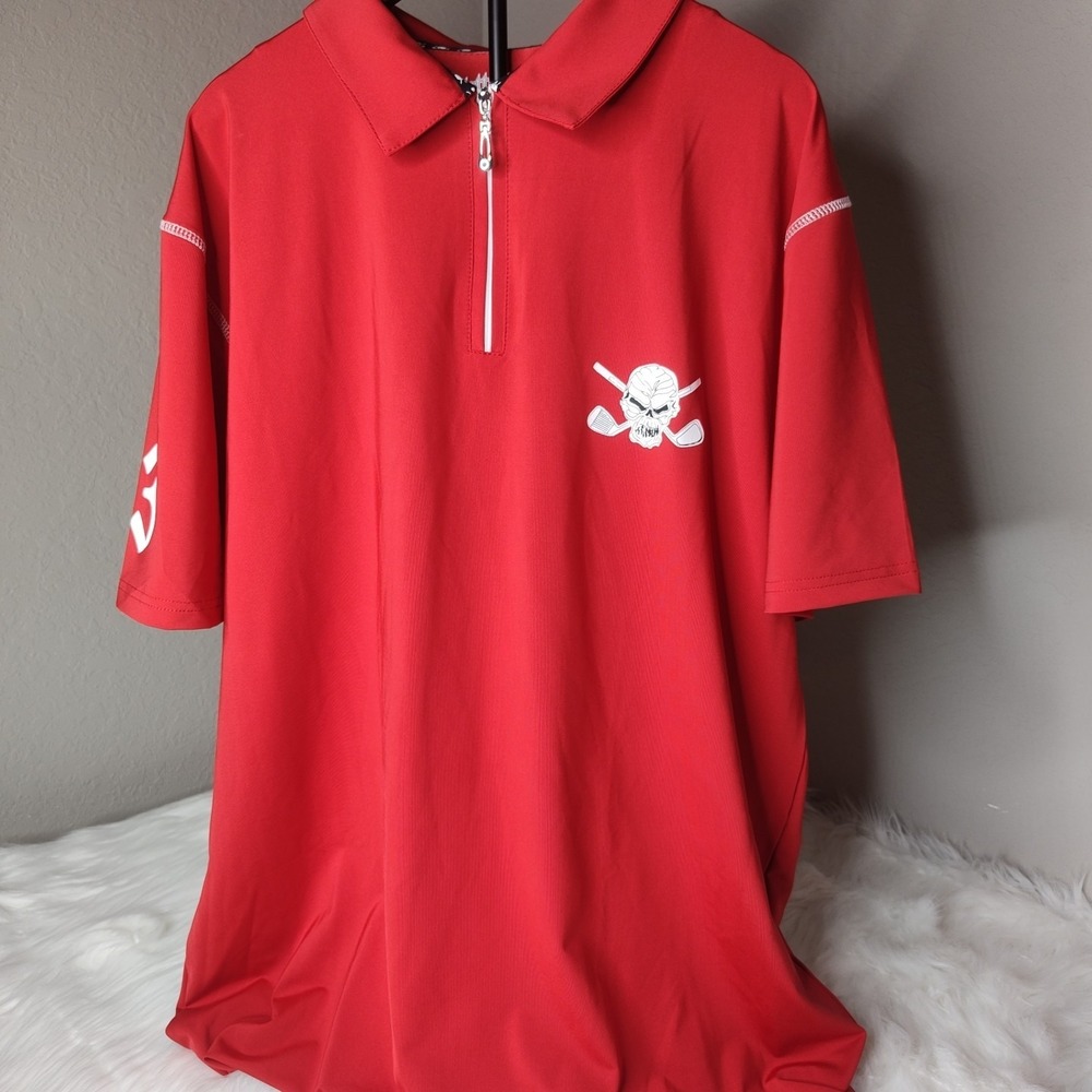 Tattoo Golf Polo Men XL Red Lucky 13 Series Skull Quarter Zip Short Sleeve Shirt